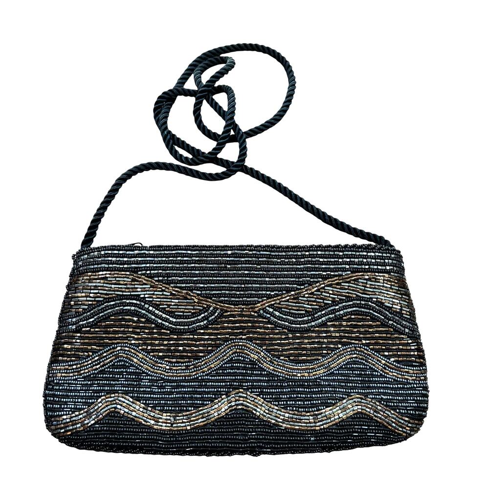 Beaded evening bag dressy 1990’s black satin gold beads dressy shoulderbag purse
